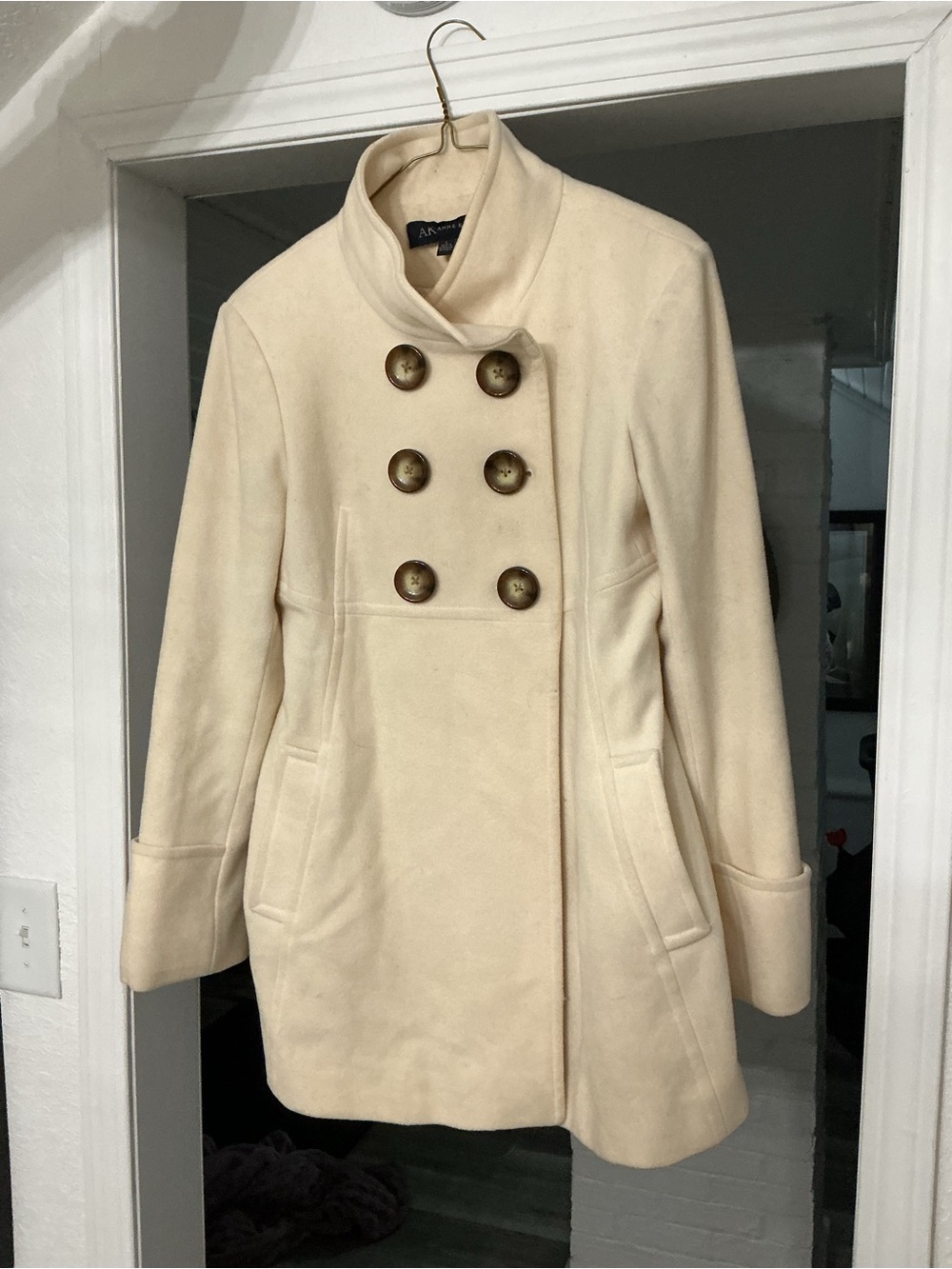 Anne Klein Cream Double-Breasted Pea Coat with High Collar